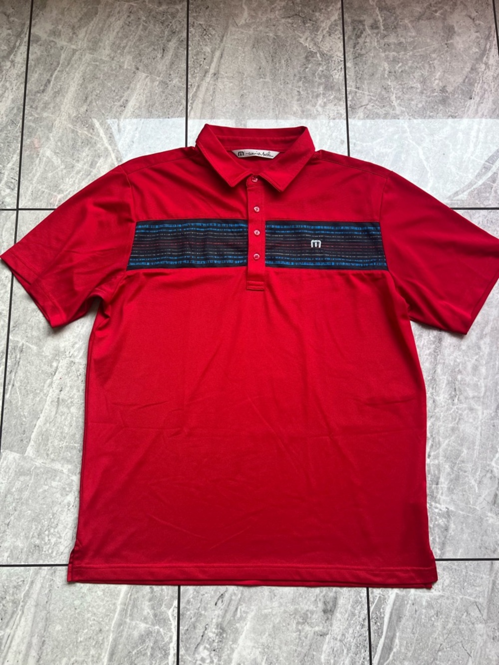 Travis Mathew Men’s Red Striped Golf Embroidered Short Sleeve Logo Polo Shirt L